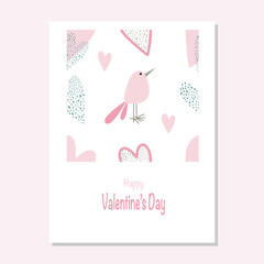Vector cute Valentines day card with pink bird and hearts for invitation. greeting card