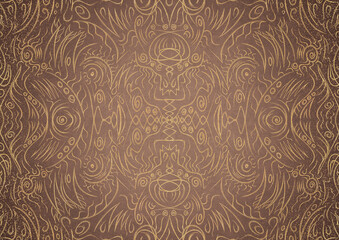 Hand-drawn unique abstract gold ornament on a light brown background, with vignette of darker backgound color and splatters of golden glitter. Paper texture. Digital artwork, A4. (pattern: p03a)