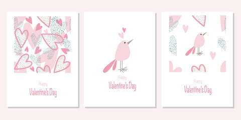 Vector set of cute Valentines day cards with pink bird and hearts for invitation, greeting card