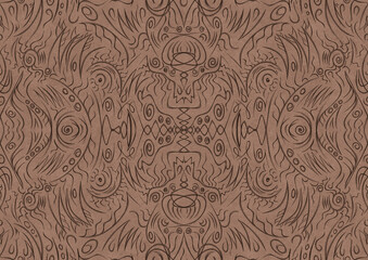 Hand-drawn unique abstract symmetrical seamless ornament. Brown on a light brown background. Paper texture. Digital artwork, A4. (pattern: p03a)