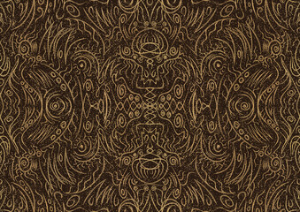 Hand-drawn unique abstract symmetrical seamless gold ornament  with splatters of golden glitter on a dark brown background. Paper texture. Digital artwork, A4. (pattern: p03a)