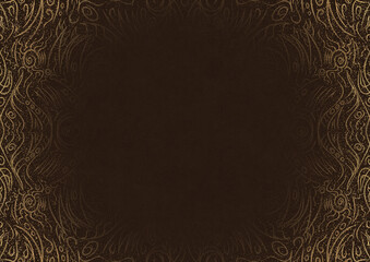 Dark brown textured paper with vignette of golden hand-drawn pattern and splatters of golden glitter. Copy space. Digital artwork, A4. (pattern: p03a)