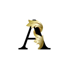 Initial letter A, 3D luxury golden leaf overlapping black serif font on white background