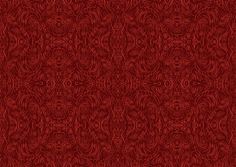 Hand-drawn unique abstract symmetrical seamless ornament. Bright red on a deep red background. Paper texture. Digital artwork, A4. (pattern: p03b)