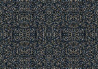 Hand-drawn unique abstract symmetrical seamless gold ornament on a deep blue background. Paper texture. Digital artwork, A4. (pattern: p03b)