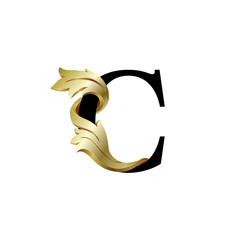 Initial letter C, 3D luxury golden leaf overlapping black serif font on white background
