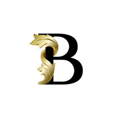 Initial letter B, 3D luxury golden leaf overlapping black serif font on white background
