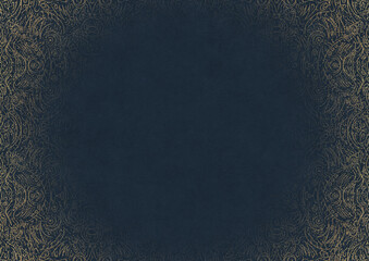Deep blue textured paper with vignette of golden hand-drawn pattern with splatters of golden glitter. Copy space. Digital artwork, A4. (pattern: p03b)