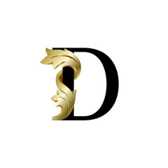 Initial letter D, 3D luxury golden leaf overlapping black serif font on white background