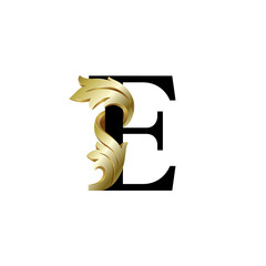 Initial letter E, 3D luxury golden leaf overlapping black serif font on white background