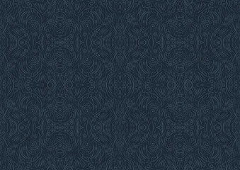 Hand-drawn unique abstract symmetrical seamless ornament. Light blue on a deep blue background. Paper texture. Digital artwork, A4. (pattern: p03b)