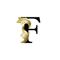 Initial letter F, 3D luxury golden leaf overlapping black serif font on white background