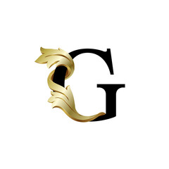 Initial letter G, 3D luxury golden leaf overlapping black serif font on white background