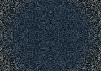 Hand-drawn unique abstract ornament. Light blue on a deep blue background, with vignette of same pattern in golden glitter. Paper texture. Digital artwork, A4. (pattern: p03b)