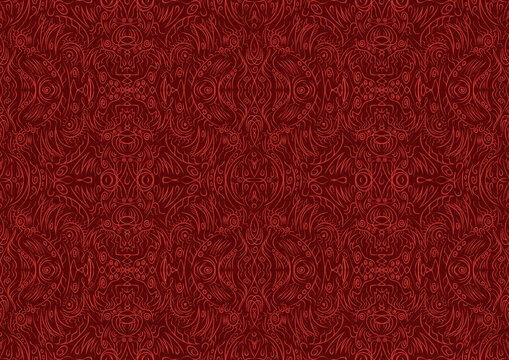 Hand-drawn unique abstract symmetrical seamless ornament. Bright red on a deep red background. Paper texture. Digital artwork, A4. (pattern: p03b)