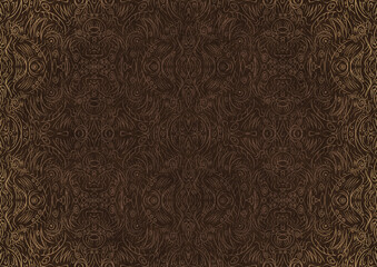 Hand-drawn unique abstract ornament. Light semi transparent brown on a dark brown background, with vignette of same pattern in golden glitter. Paper texture. Digital artwork, A4. (pattern: p03b)