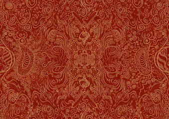 Hand-drawn unique abstract symmetrical seamless gold ornament on a bright red background. Paper texture. Digital artwork, A4. (pattern: p04a)