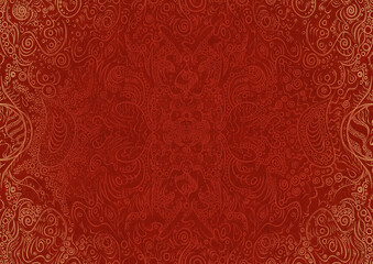 Hand-drawn unique abstract ornament. Light red on a bright red background, with vignette of same pattern in golden glitter. Paper texture. Digital artwork, A4. (pattern: p04a)