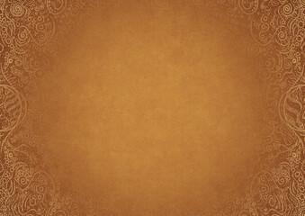 Yellow textured paper with vignette of darker color and golden hand-drawn pattern with splatters of golden glitter. Copy space. Digital artwork, A4. (pattern: p04a)