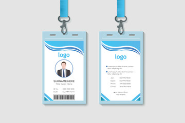 Modern Clean Vertical Double-sided Waves Style Blue Color ID Cards For Company Stuff. Flat Design Vector Illustration