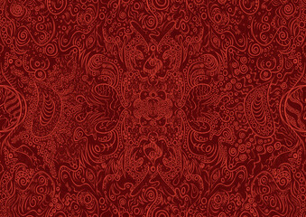 Hand-drawn unique abstract symmetrical seamless ornament. Bright red on a deep red background. Paper texture. Digital artwork, A4. (pattern: p04a)