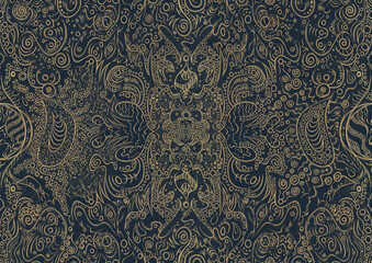 Hand-drawn unique abstract symmetrical seamless gold ornament on a deep blue background. Paper texture. Digital artwork, A4. (pattern: p04a)