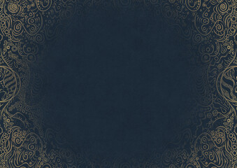 Deep blue textured paper with vignette of golden hand-drawn pattern. Copy space. Digital artwork, A4. (pattern: p04a)
