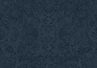 Hand-drawn unique abstract symmetrical seamless ornament. Light blue on a deep blue background. Paper texture. Digital artwork, A4. (pattern: p04a)