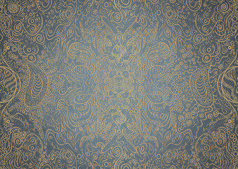 Hand-drawn unique abstract gold ornament on a light blue background, with vignette of darker backgound color and golden glittery sparks. Paper texture. Digital artwork, A4. (pattern: p04a)