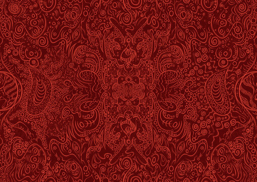 Hand-drawn unique abstract symmetrical seamless ornament. Bright red on a deep red background. Paper texture. Digital artwork, A4. (pattern: p04a)