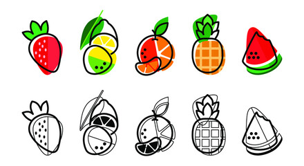 Strawberry lemon orange pineapple watermelon on a white background. Bright summer fruit illustration. Fruit Mix design for fabric and decor. Collection of berries. A set of contour fruits