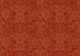 Hand-drawn unique abstract symmetrical seamless gold ornament on a bright red background. Paper texture. Digital artwork, A4. (pattern: p04b)