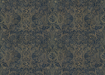 Hand-drawn unique abstract symmetrical seamless gold ornament on a deep blue background. Paper texture. Digital artwork, A4. (pattern: p04b)