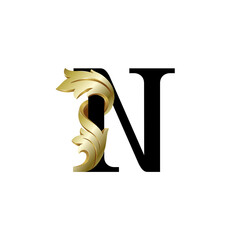 Initial letter N, 3D luxury golden leaf overlapping black serif font on white background