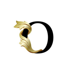 Initial letter O, 3D luxury golden leaf overlapping black serif font on white background