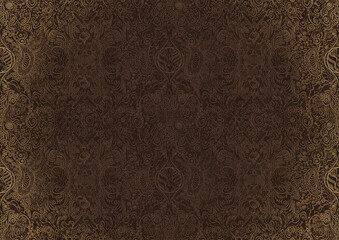 Hand-drawn unique abstract ornament. Light semi transparent brown on a dark brown background, with vignette of same pattern in golden glitter. Paper texture. Digital artwork, A4. (pattern: p04b)