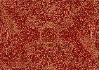 Hand-drawn unique abstract symmetrical seamless gold ornament on a bright red background. Paper texture. Digital artwork, A4. (pattern: p05a)