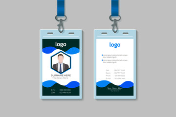 Modern Clean Vertical Double-sided Waves Style Blue Color ID Cards For Company Stuff. Flat Design Vector Illustration