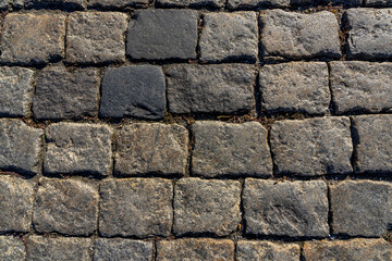 Grey paving stone texture on Red Square in Moscow, pedestrian walkway. Top view. Cement brick squared stone floor background. Concrete paving slabs.
