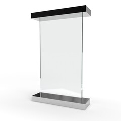Glass stand for advertise or news with metal footing.