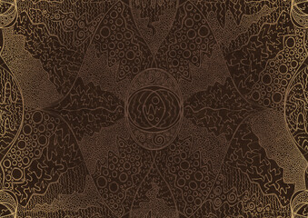 Hand-drawn unique abstract ornament. Light semi transparent brown on a dark brown background, with vignette of same pattern in golden glitter. Paper texture. Digital artwork, A4. (pattern: p05a)