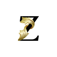 Initial letter Z, 3D luxury golden leaf overlapping black serif font on white background