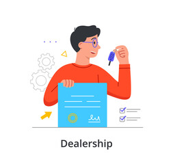 Dealer center employee concept. Metaphor of dealership, agreement, official license and intellectual property. Young man holding keys and official signed document. Cartoon flat vector illustration