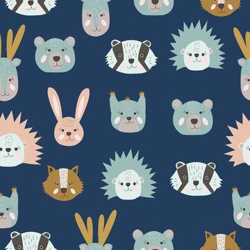 Seamless pattern with cute forest animals head. Childish vector hand drawn illustration.
