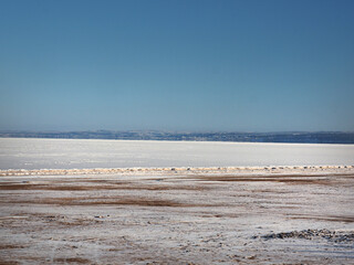 One winter frosty morning. Bank of the river. The river was covered with ice. Winter. Russia, Ural, Perm region.