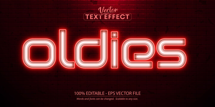 Oldies text, red neon style editable text effect on brick wall background