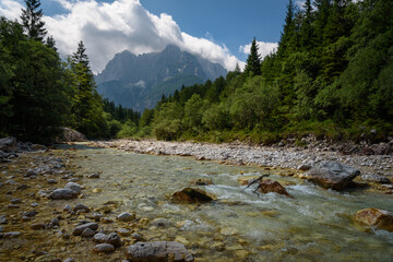 River, forest and mountains near Kranjska Gora town in Triglav national park, Slovenia