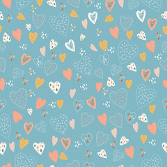Seamless childish pattern with hand drawn hearts. Creative abstract kids texture for fabric, wrapping, textile, wallpaper, apparel. Vector illustration. blue background. 