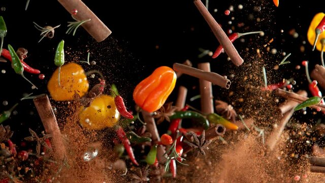 Super slow motion of flying spices mix on black background. Filmed on high speed cinema camera, 1000 fps.