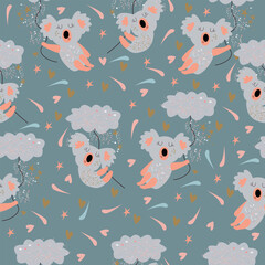 Seamless childish pattern with cute koala baby . Creative scandinavian kids texture for fabric, wrapping, textile, wallpaper, apparel. Vector illustration. © Gulnaz